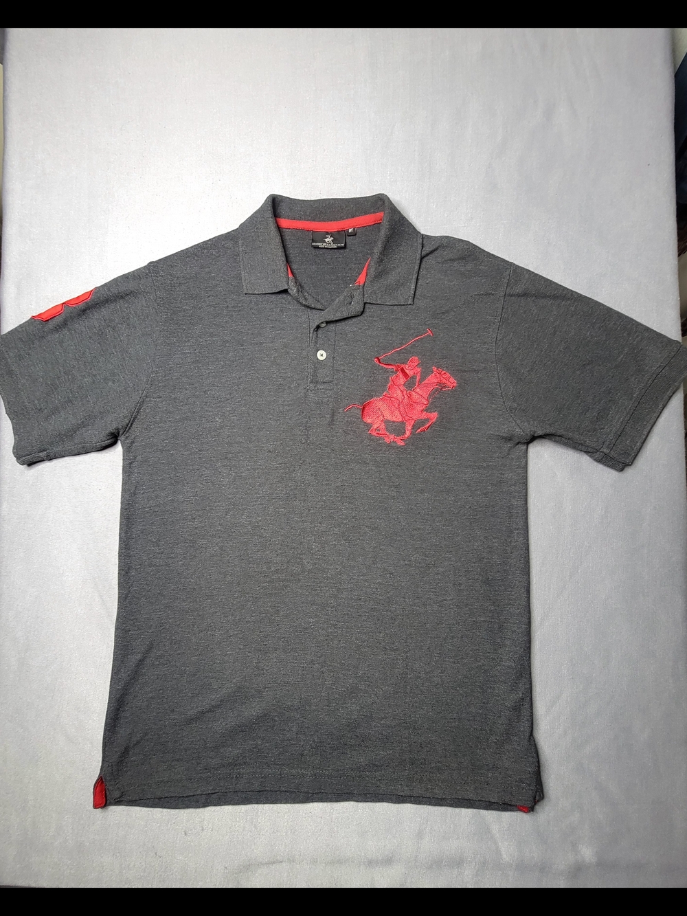 Beverly Hills Polo Club Mens  Dark Gray Polo Shirt  Red Embroidered Logo #3 SZ M